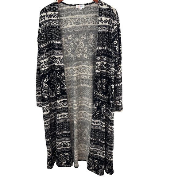 LuLaRoe Sarah Open Front Long Duster Sz Large Black & White Floral Front Pockets - Picture 3 of 11